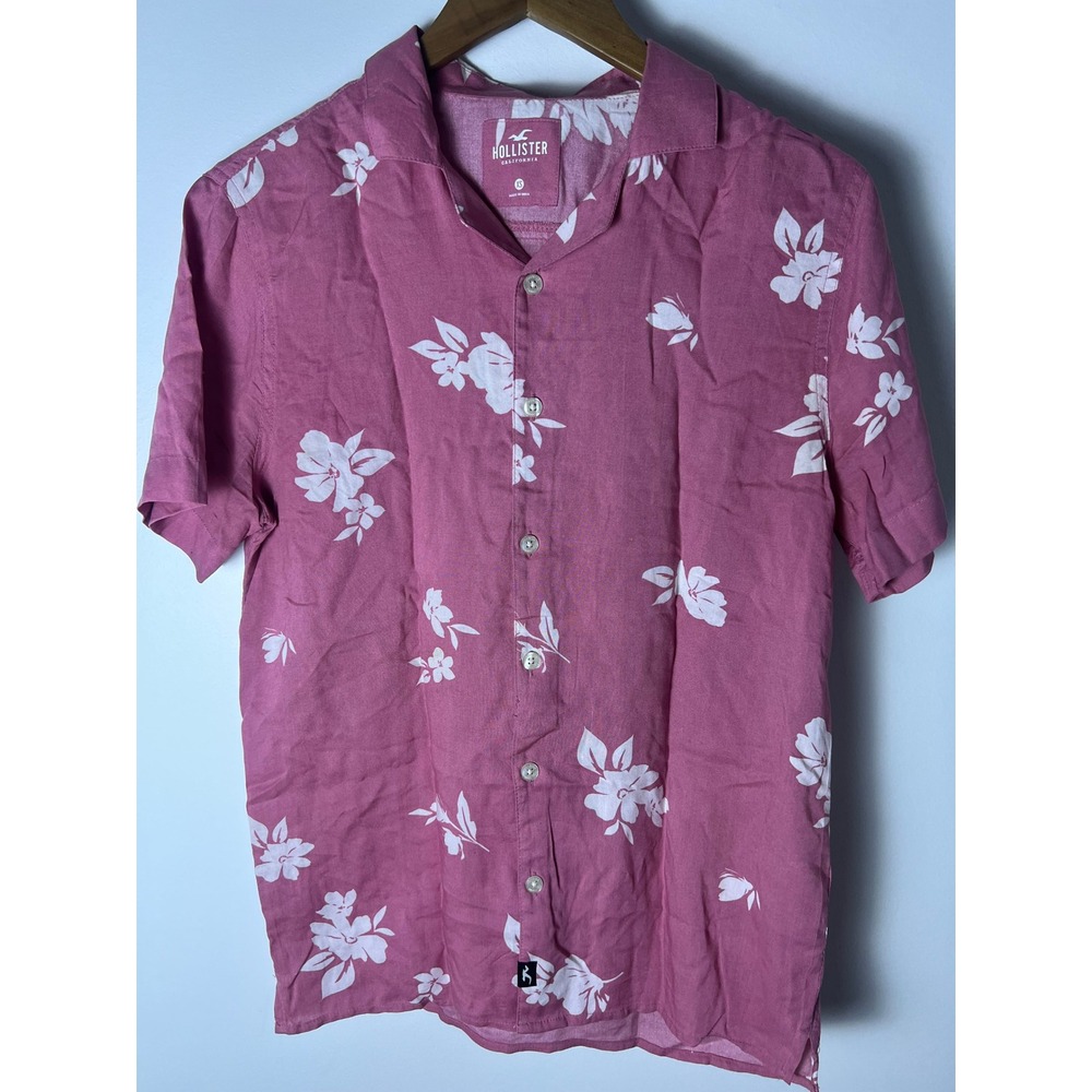 Hollister Button Up Shirt Men XS Pink‎ Floral Short Sleeve Viscose Camp Collar
